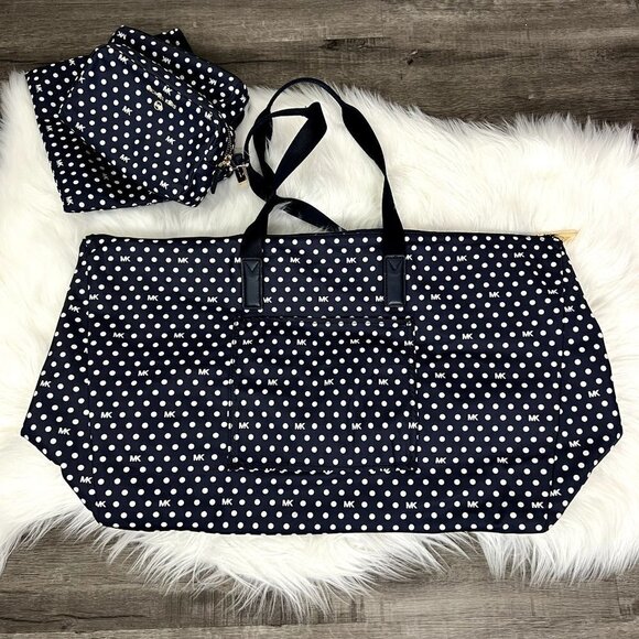 Michael Kors Navy Polka Dot Large Jet Set Nylon Packable Tote Travel Bags Set - Picture 2 of 11